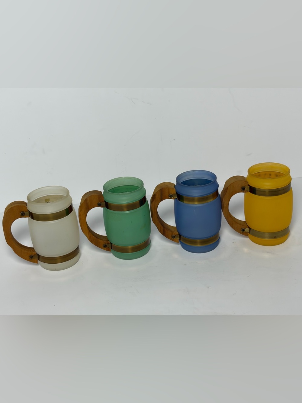 Vintage MCM Siesta Ware Frosted Glass Pastel Barrel Mugs Wood Handles - Set of 4